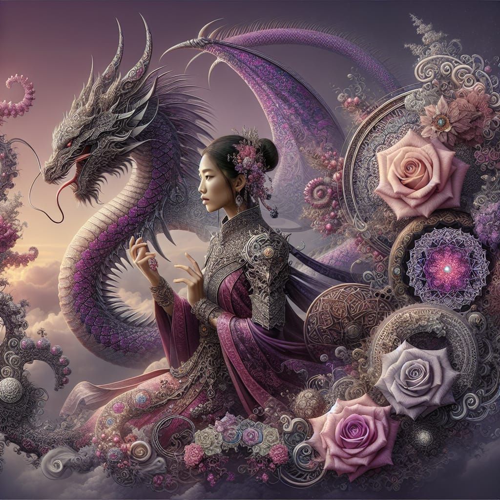 stunningly beautiful female and dragon, intricate fractals and filigree gothic armor, gothic roses, delicate ...  by @Witty Dragon 