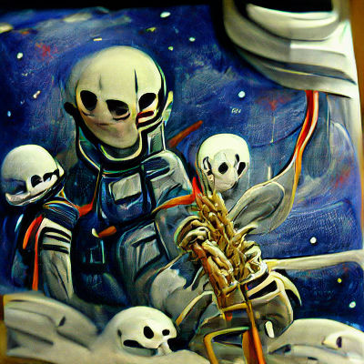 Scary skeleton astronaut in space detailed painting