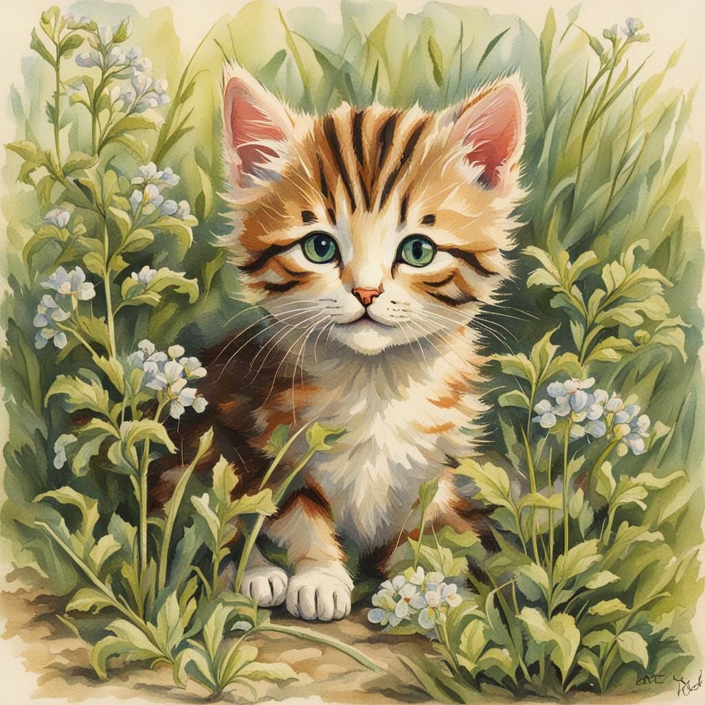 A kitten in the Cicely mary barker's style.