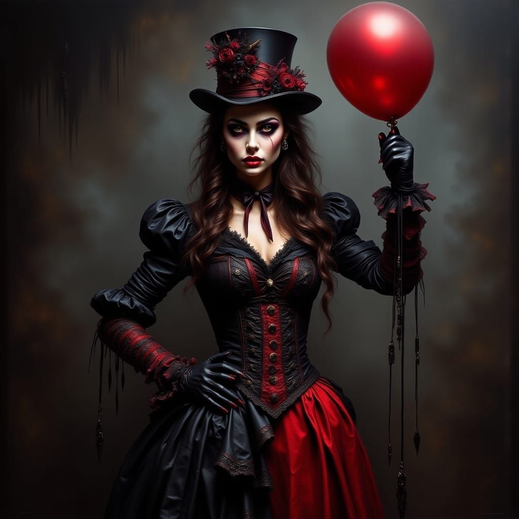 "<lora:Evil Ways Flux:1.0> <lora:Eerie2 Flux:1.0> <lora:Macabre Flux:1.0> A beautiful woman in a sensual, black and red ringmaster costume, ...