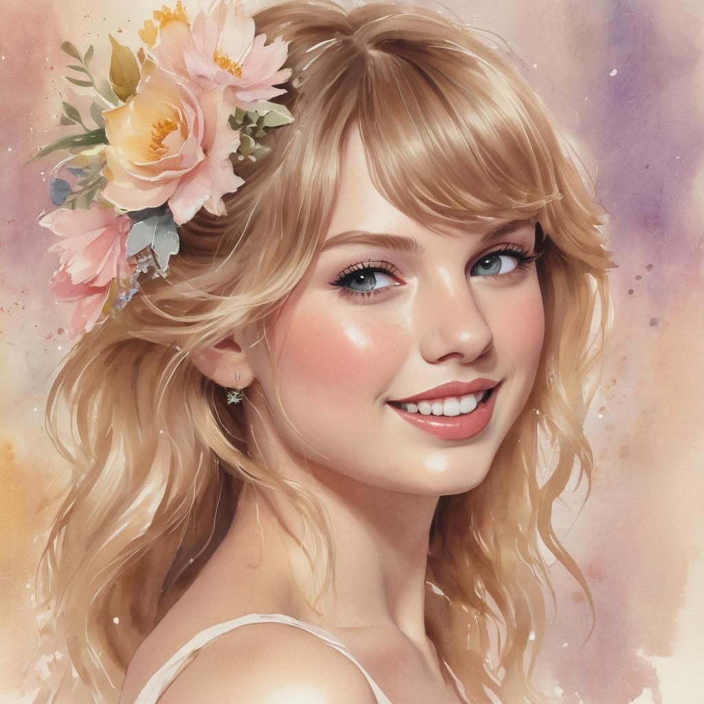 Taylor Swift Portrait in Watercolor with Flowers