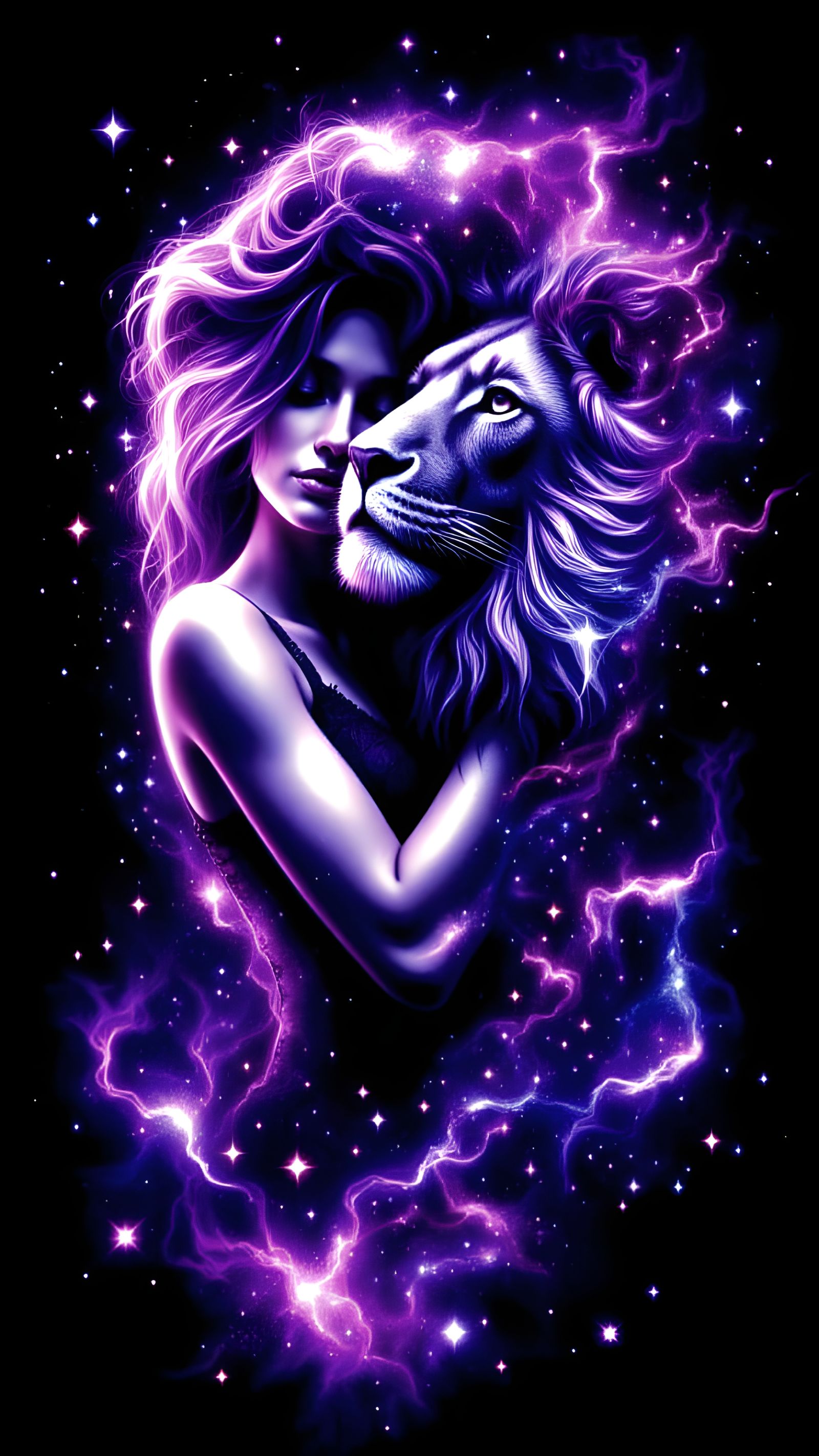 Woman and Lion Intertwined in Cosmic Psychedelic Style