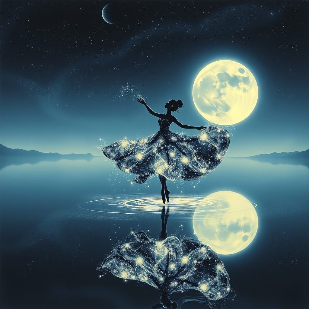 Imagine a spectral ballerina dancing on a moonlit lake, her dress composed of swirling stardust and nebulae, ...  by @IkaDo