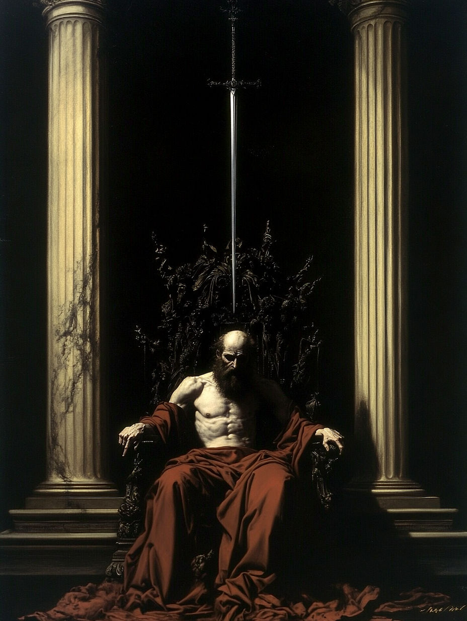 “He sat where kings envy, every breath shook, the price of glory is the fear it hides.”