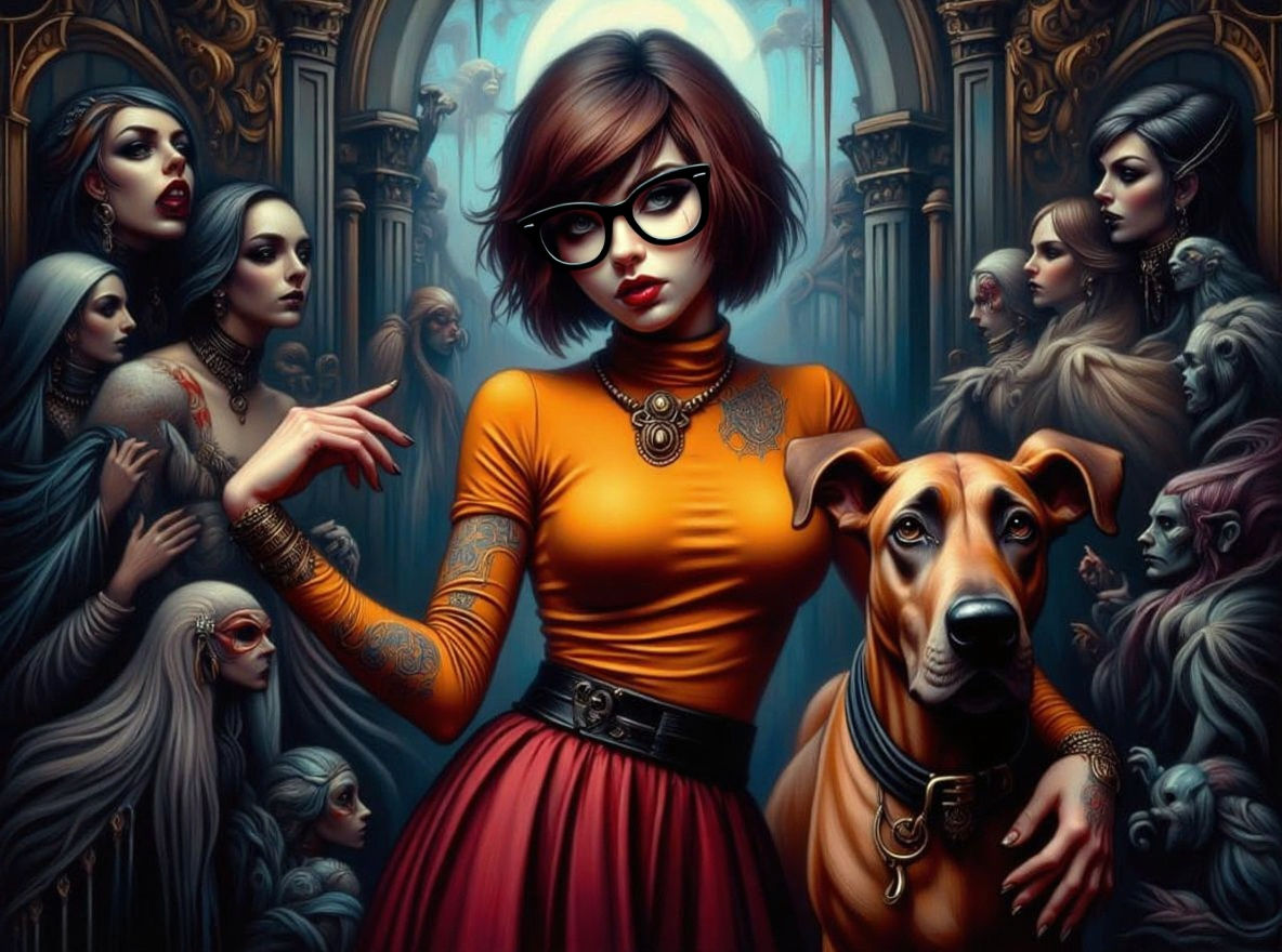 <lora:Romantic Goth:1.0> Velma Dinkley, scooby doo the great dane,  an attractive Teenager with a brown hair a bob haircut, large blue eyes,...