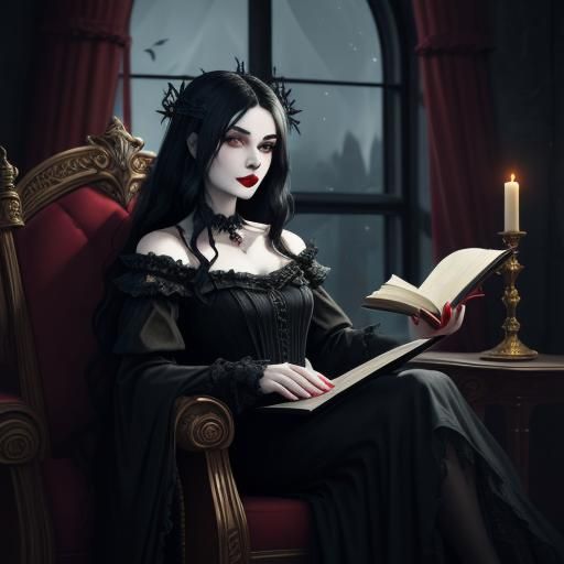 Regal sereine female vampire with long black hair, red lips,...