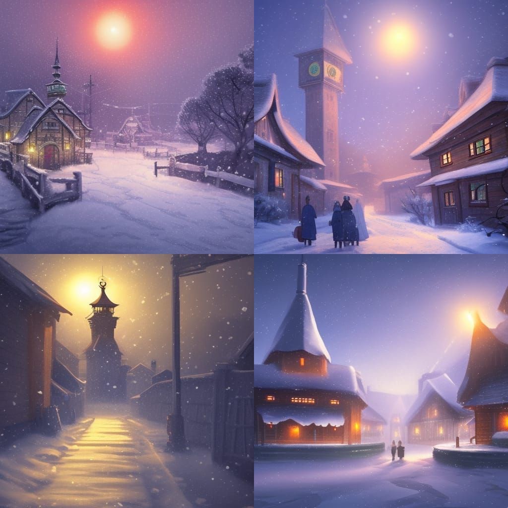 a middleage village in the snow with a clock tower with ligh...