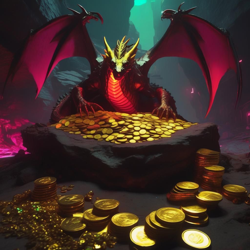 demon dragon nesting on a huge pile of gold coins