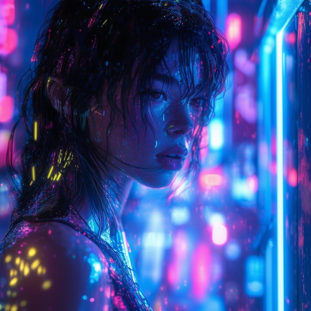 Aerial Beauty Cyberpunk Digital Effects Futuristic Girl High...