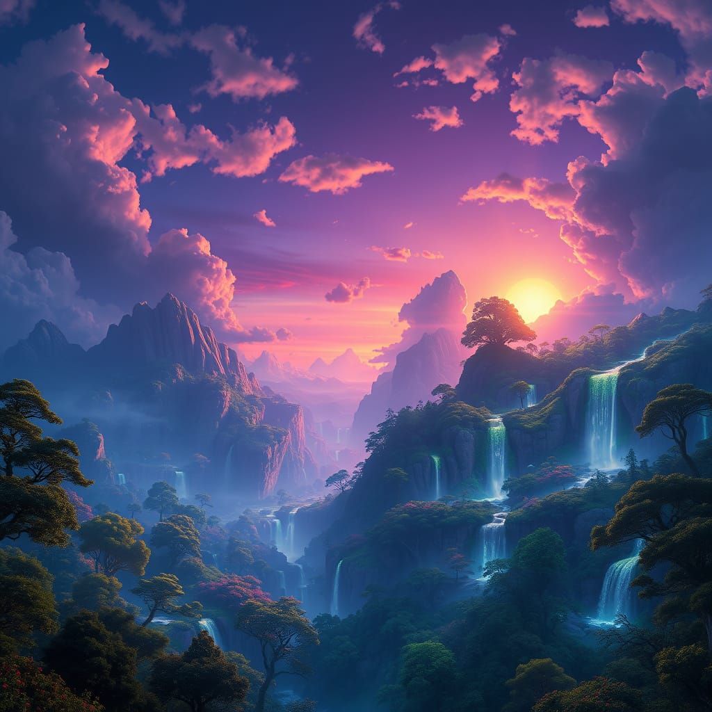 Ethereal Fantasy Realm with Lush Emerald Forests and Twinkli...