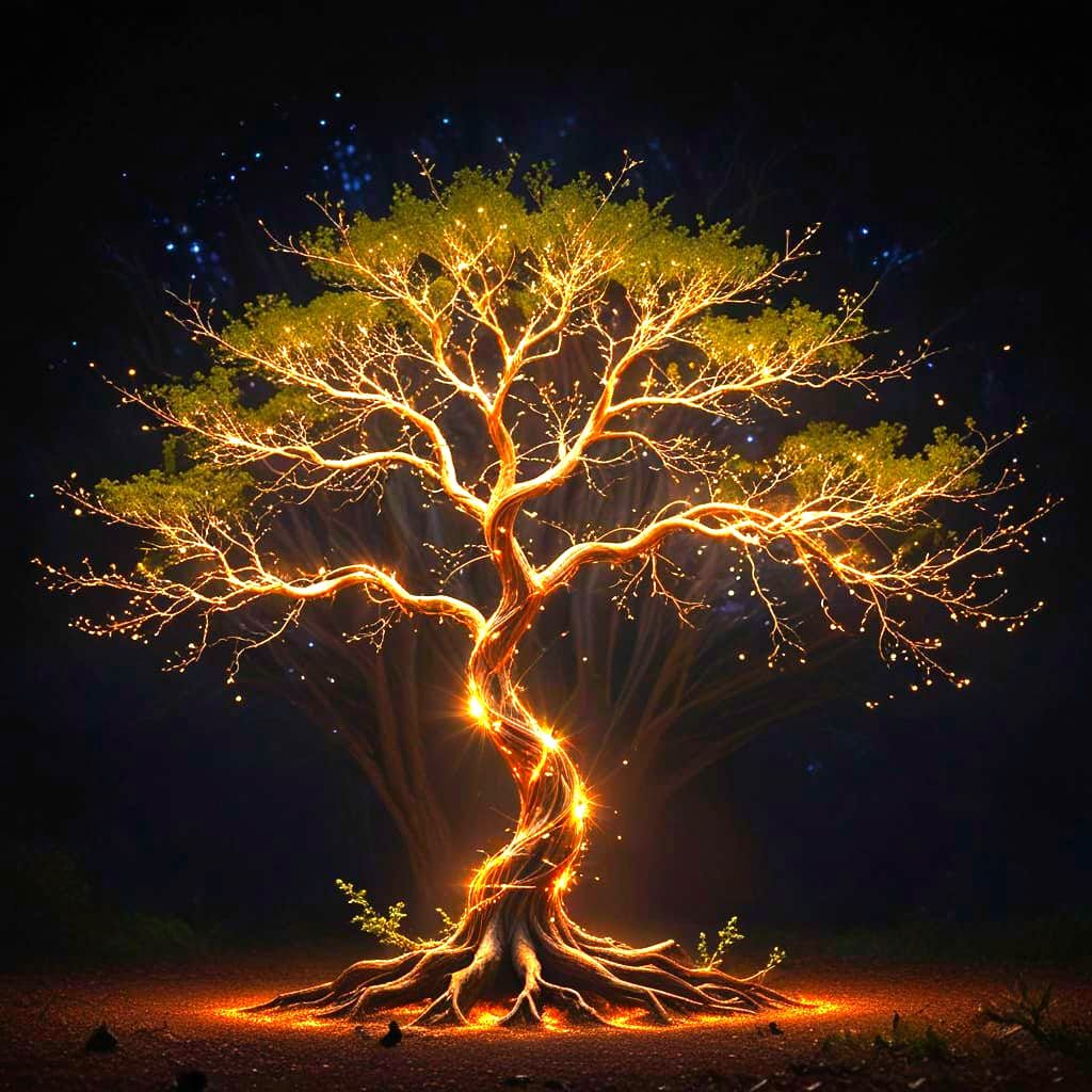 Ethereal magical Tree of Light Illuminates the Starry Night Sky  by @Kosh