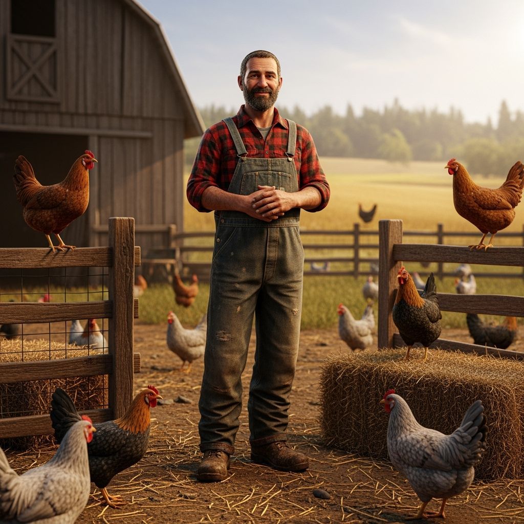 Poultry Farmer in Rustic Farm Setting, 3D Render