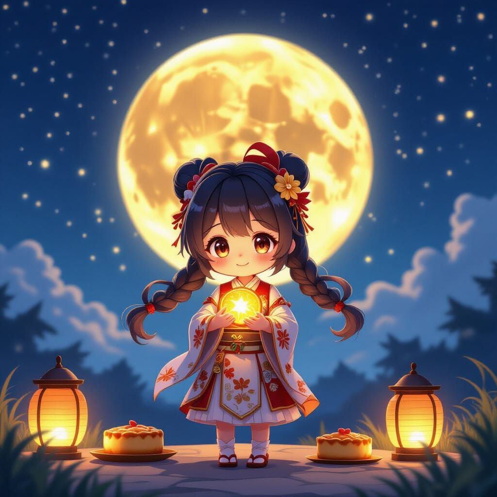 Cute Mid-Autumn Festival Character with Moon & Lanterns