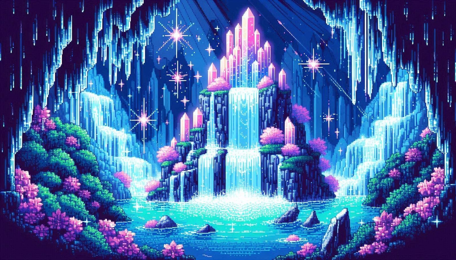 17 magical sparkling Waterfall in a crystal mountain