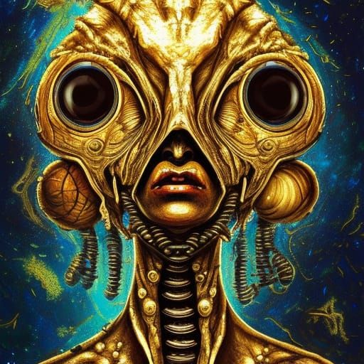 An ancient, non-friendly alien wears a souvenir necklace mad...