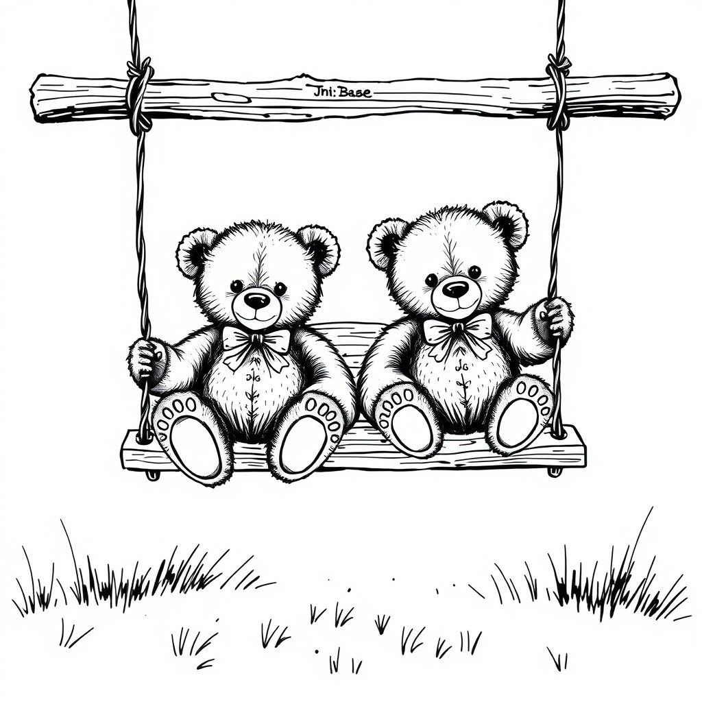 Teddy Bears on a Swing: Monochromatic Illustration