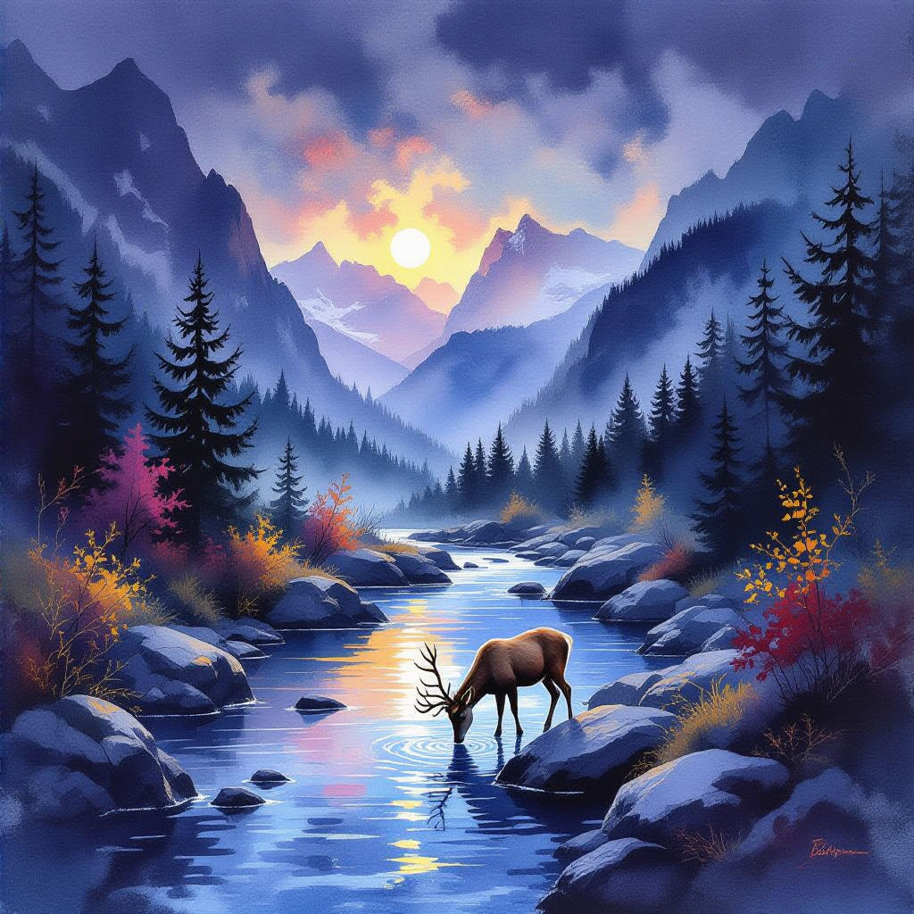 Deer drinking from the river)