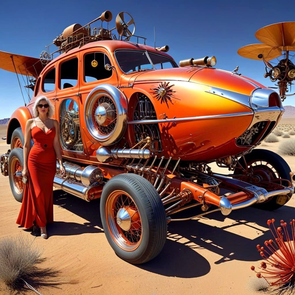 Surreal Antique Car with Beautiful Woman in Desert