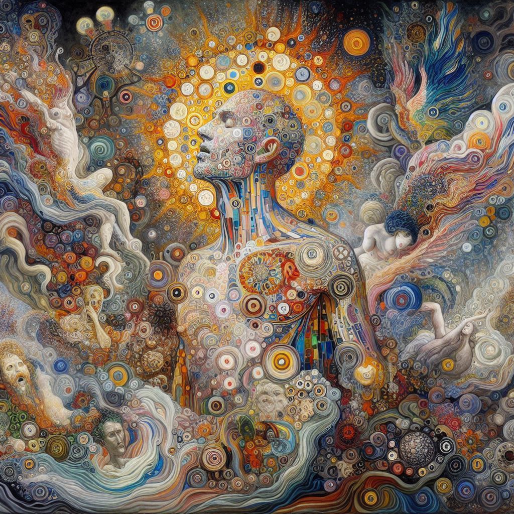 SOULS EXPELLED AND MAN TURNED INTO AN AUTOMAT multi-layered fantasy , with bold, clashing colors, illuminated by soft, e...