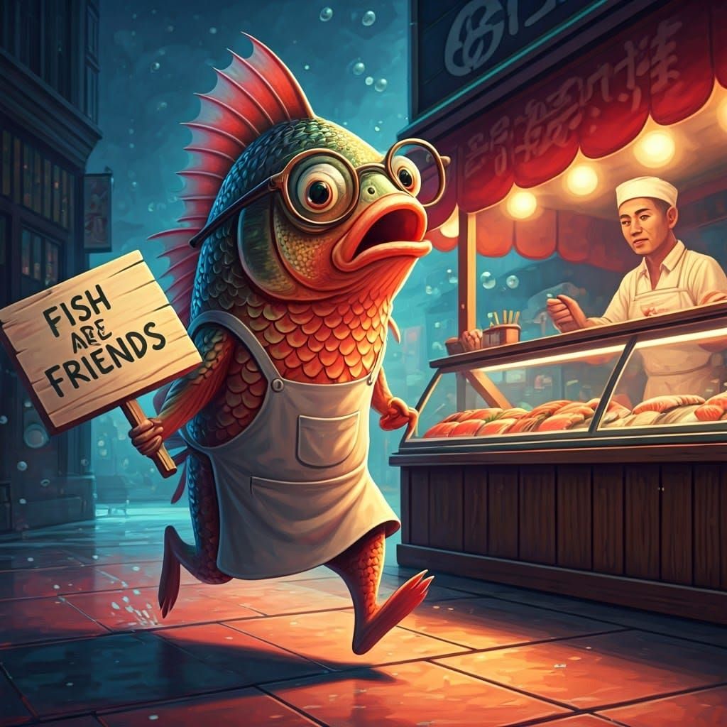 A concerned Charlie searches the fish market for his missing...