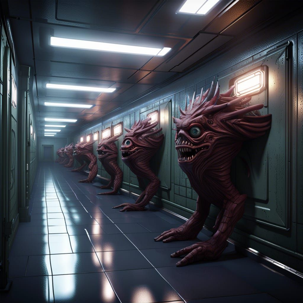 4 x 4 tiled, Cronenberg monsters in hallways, PBR lighting, ...