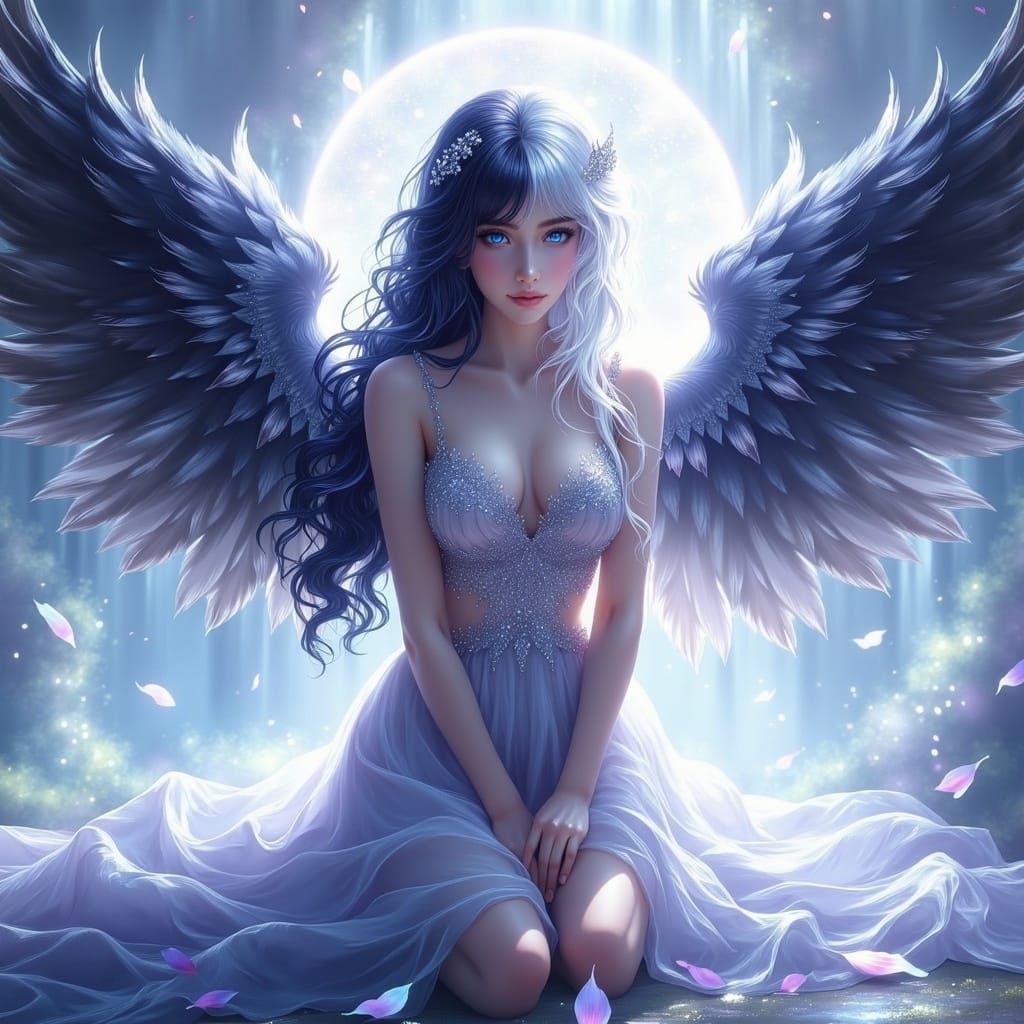 A hyperrealistic full body portrait of a pretty angel with half black and half white hair with one black wing and one white wing kneeling su...