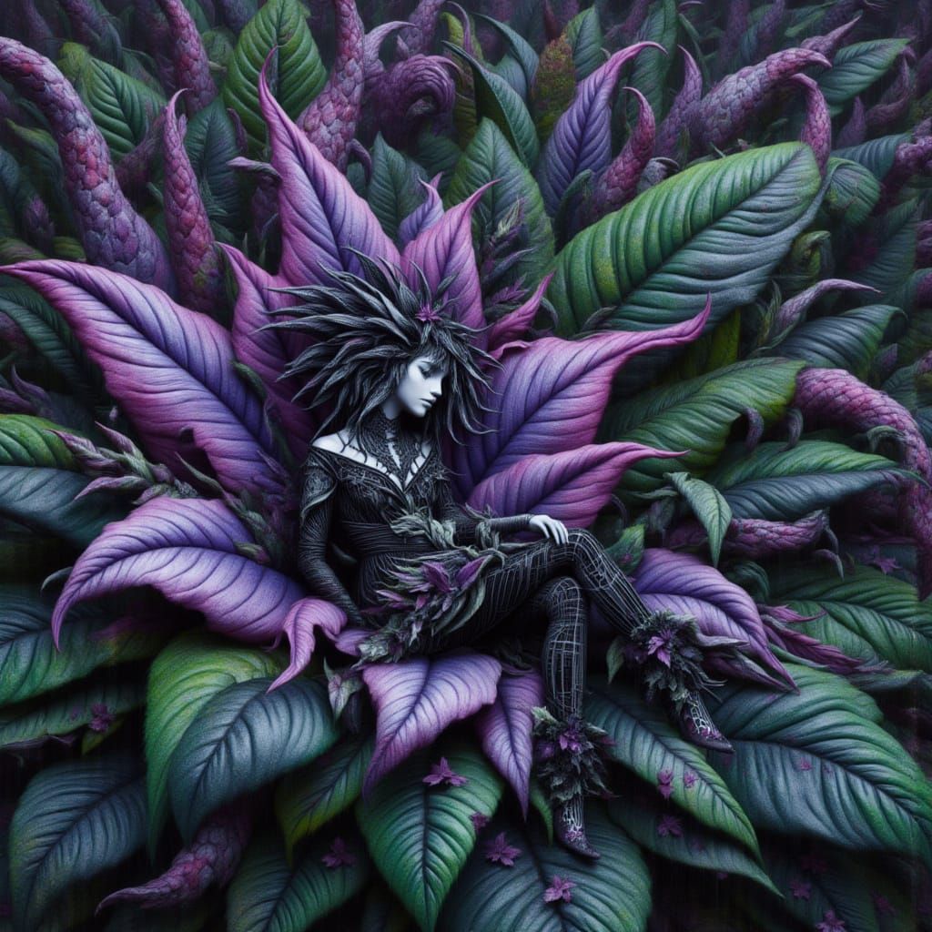 <lora:kak-karnivora:1.0> Wild giant colorful plant, impressive whimsy goth man sleeping inside, mixed media