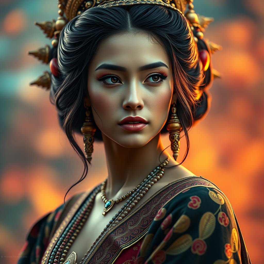 Regal Goddess in Tropical Landscape, Hyperrealistic Portrait
