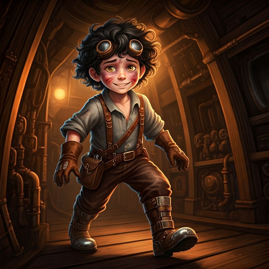 Nico is a slight boy with dark, curly hair that flows freely across his forehead, often tangled and streaked with charcoal, as if he were wo...