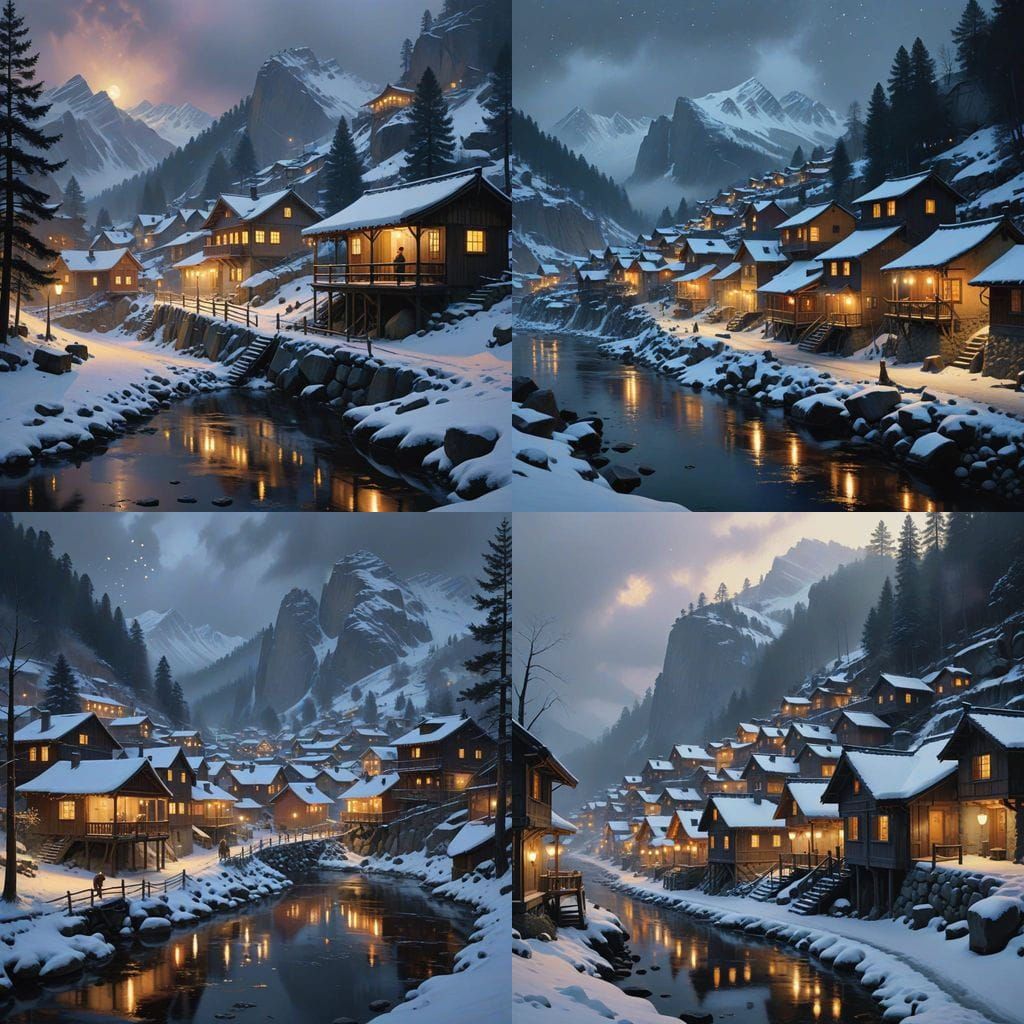 the alpine village clings to the mountainside its timbered houses beneath heavy snow illuminated by dozens of lanterns c...