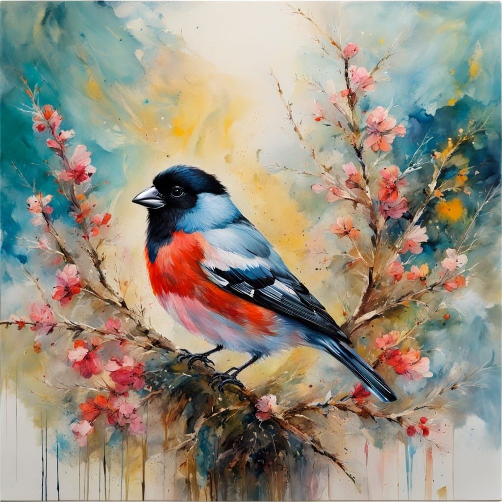 Bullfinch bird on a branch  by @Gokiburi