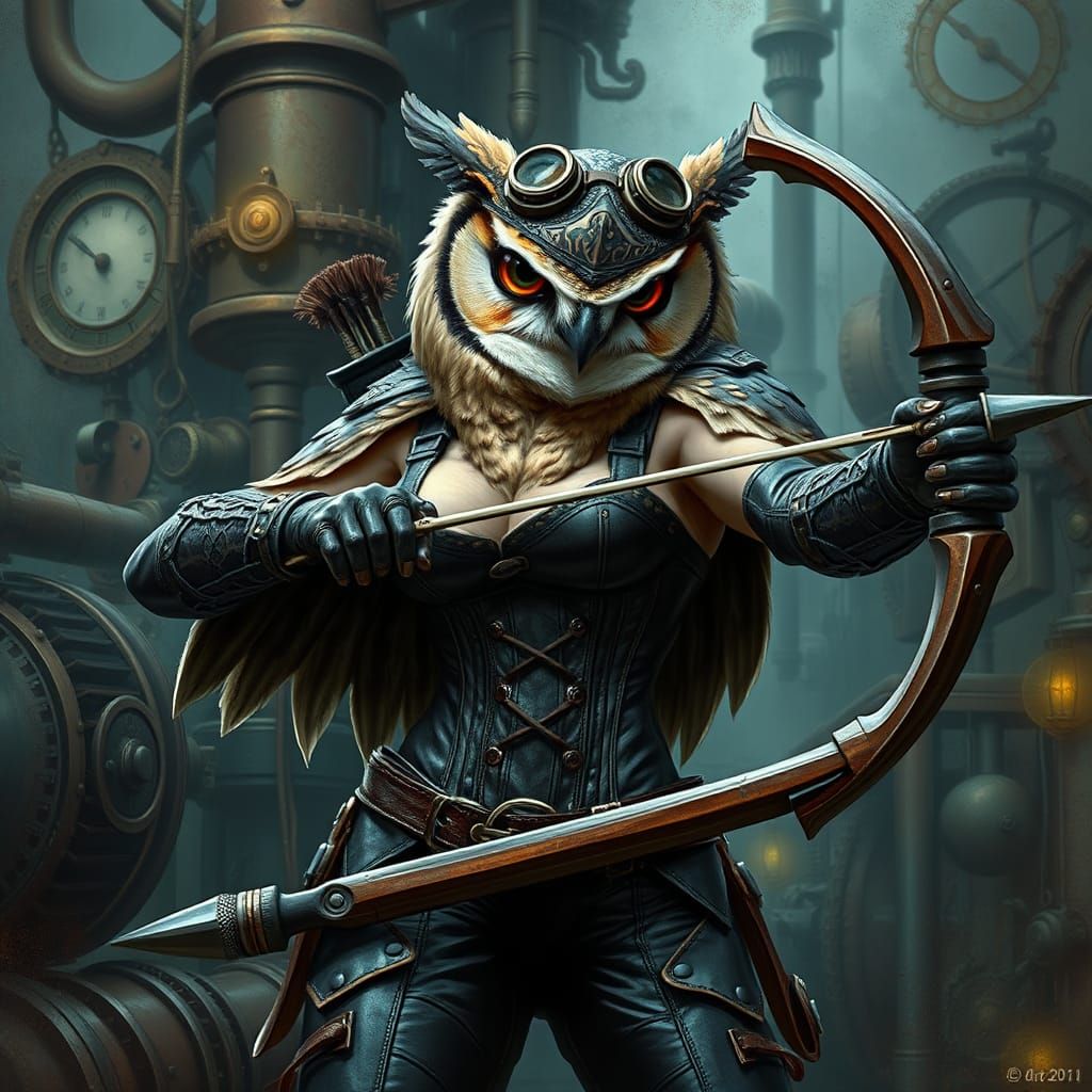 Steampunk Owl Ranger in Mead-Inspired Style - AI Art