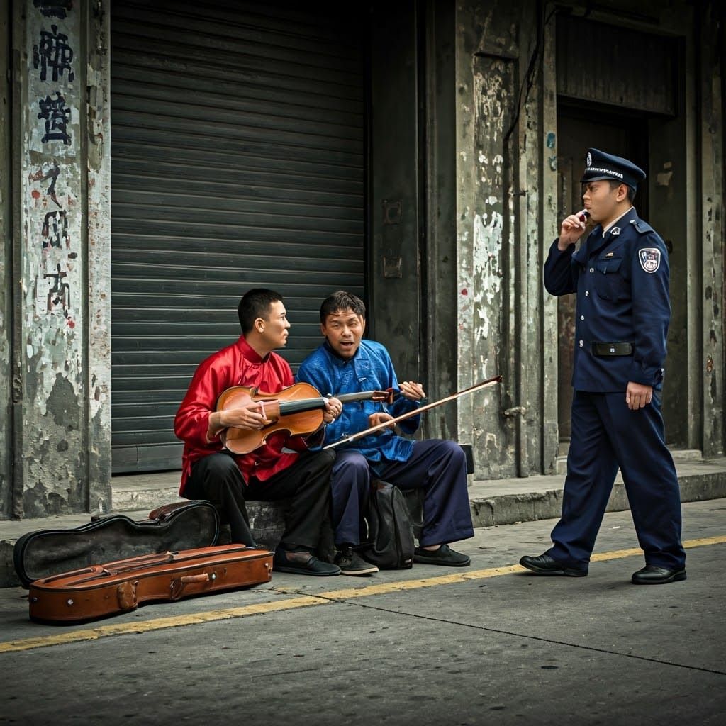 Chinese Street Musicians in Heated Conversation