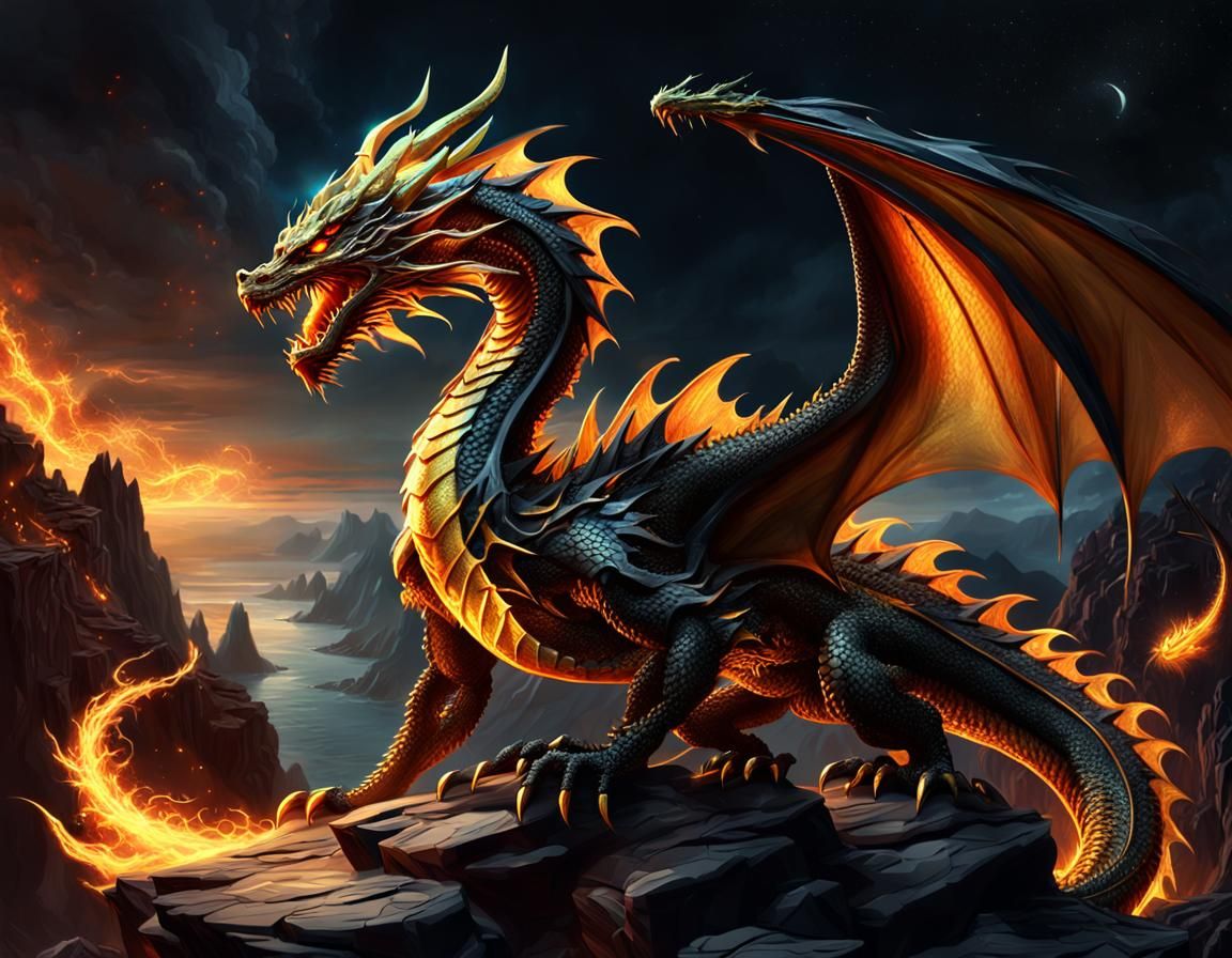 Metallic Dragon Exhaling Fiery Dragon, Hyperreal Art