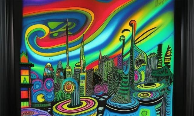 City lights, Tim Burton deep color psychedelic art undergrou...