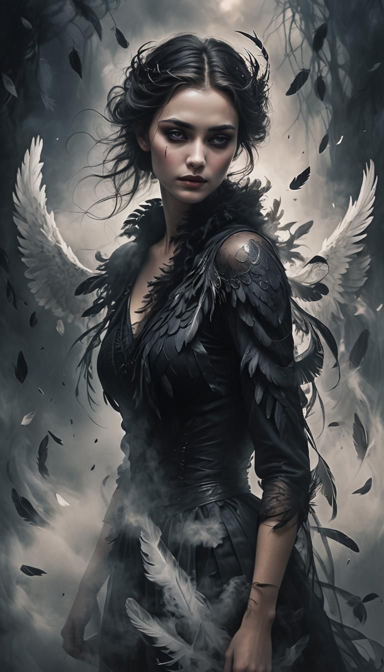 Dark Seductress: A mysterious woman dressed in black, perhaps with wings or horns, standing in a twilight, mist-covered setting. She has a c...