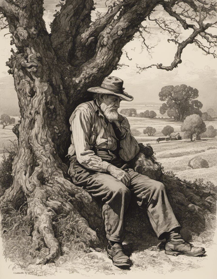 Pencillation model test - an old tired farmer resting by the old oak tree