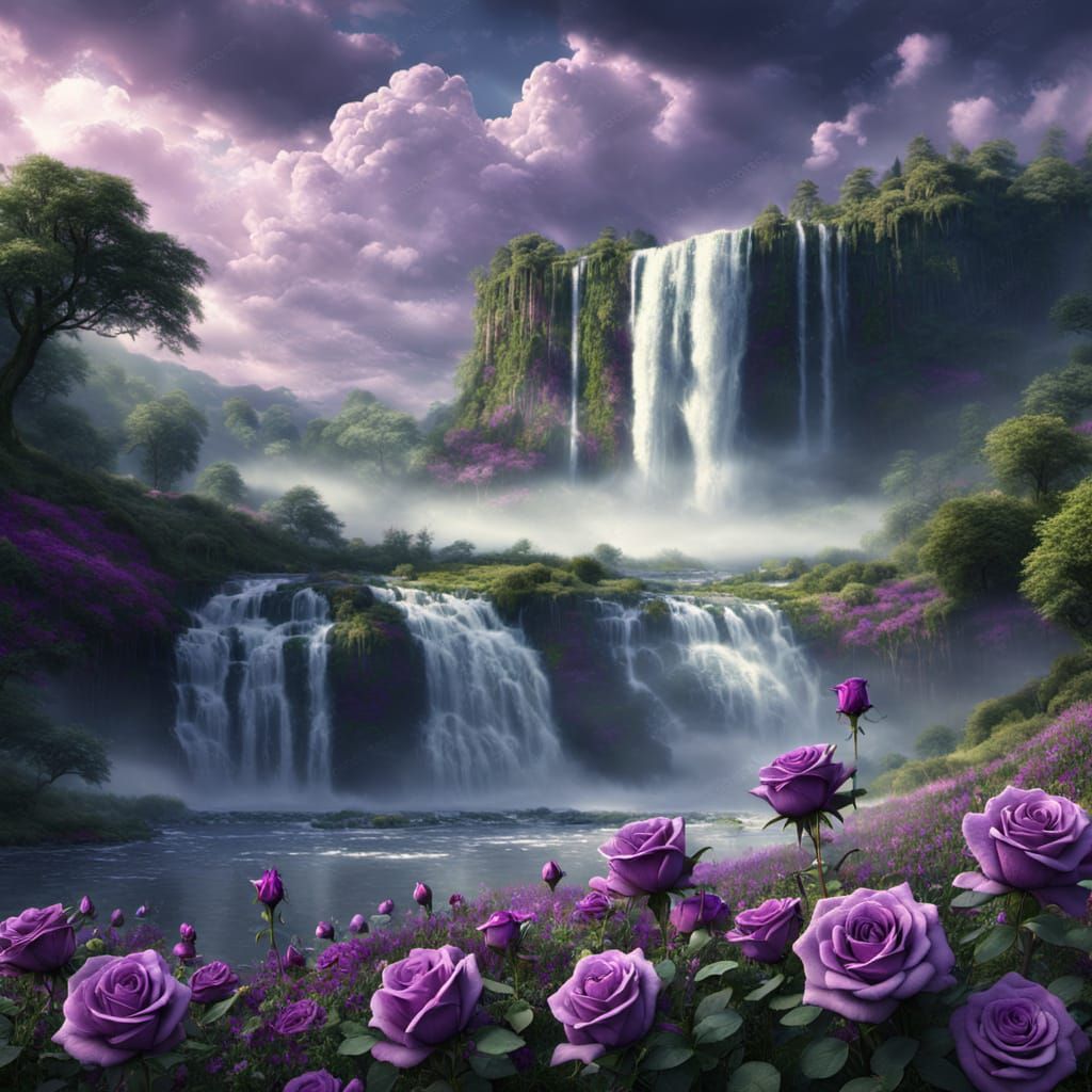 Purple rose meadow in front of towering waterfall 