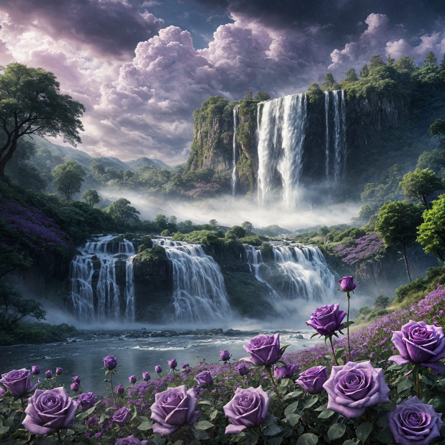 Purple rose meadow in front of towering waterfall   by @Queen274