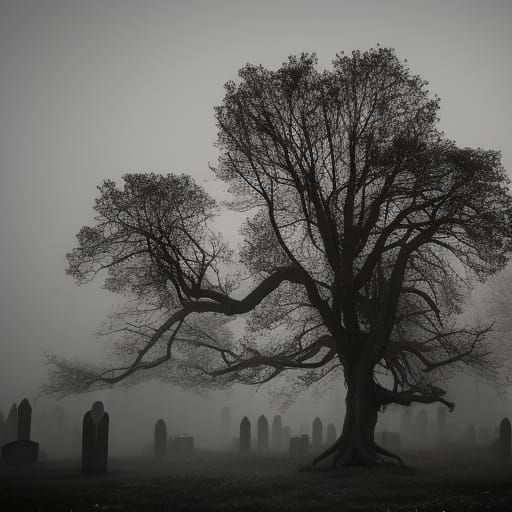 A misty graveyard at night, with twisted trees and a full mo...