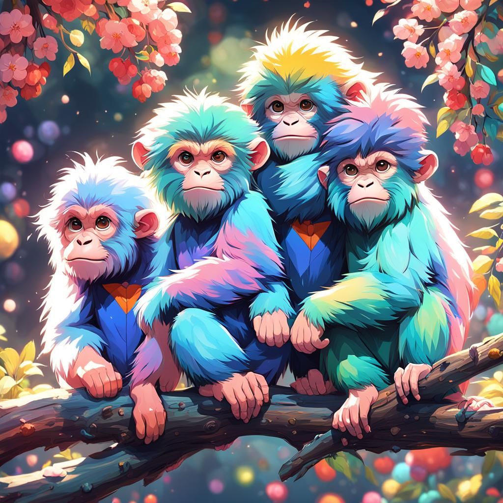 3 cute colorful fluffy apes sitting on a branch.