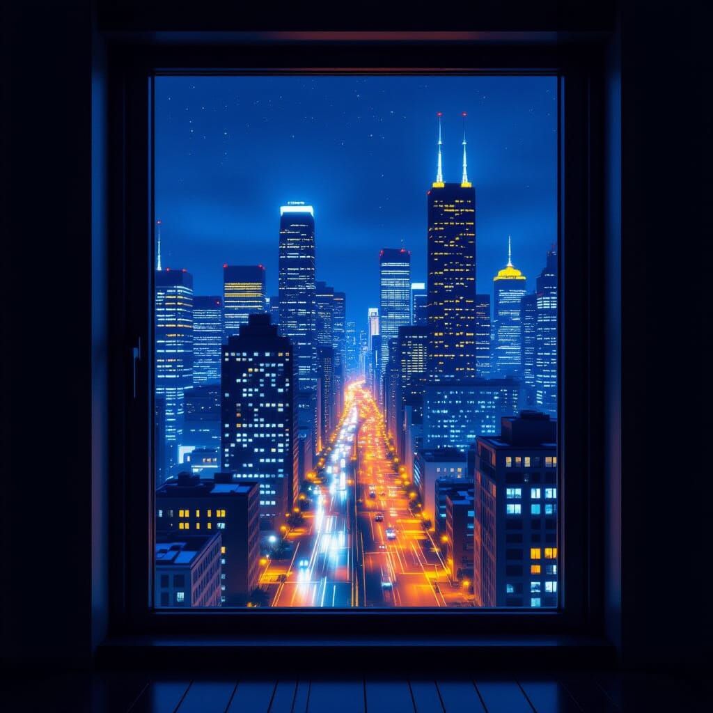 Night Cityscape Through Modern Window
