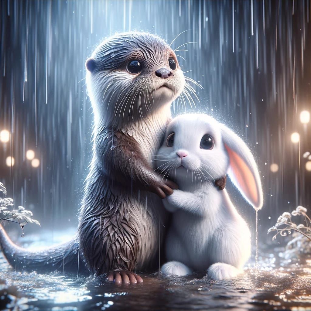 baby otter and bunny in the rain