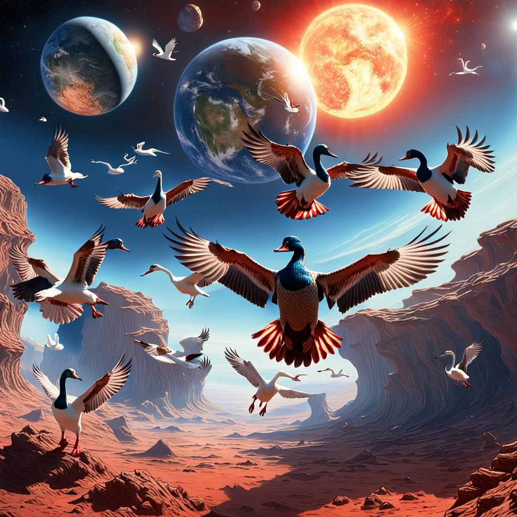 Ducks escape from a destroyed Earth to another planet - AI Generated ...