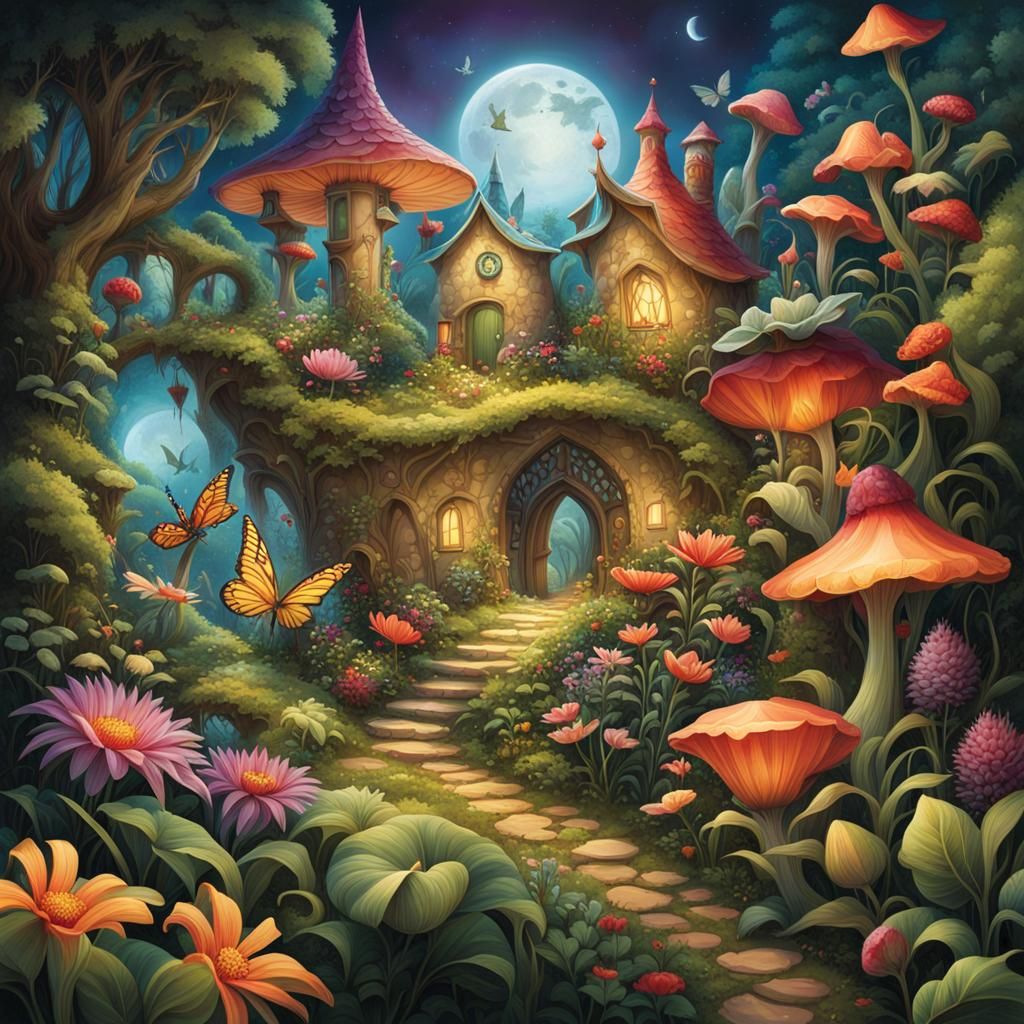 Design a magical garden where plants come to life and flower...