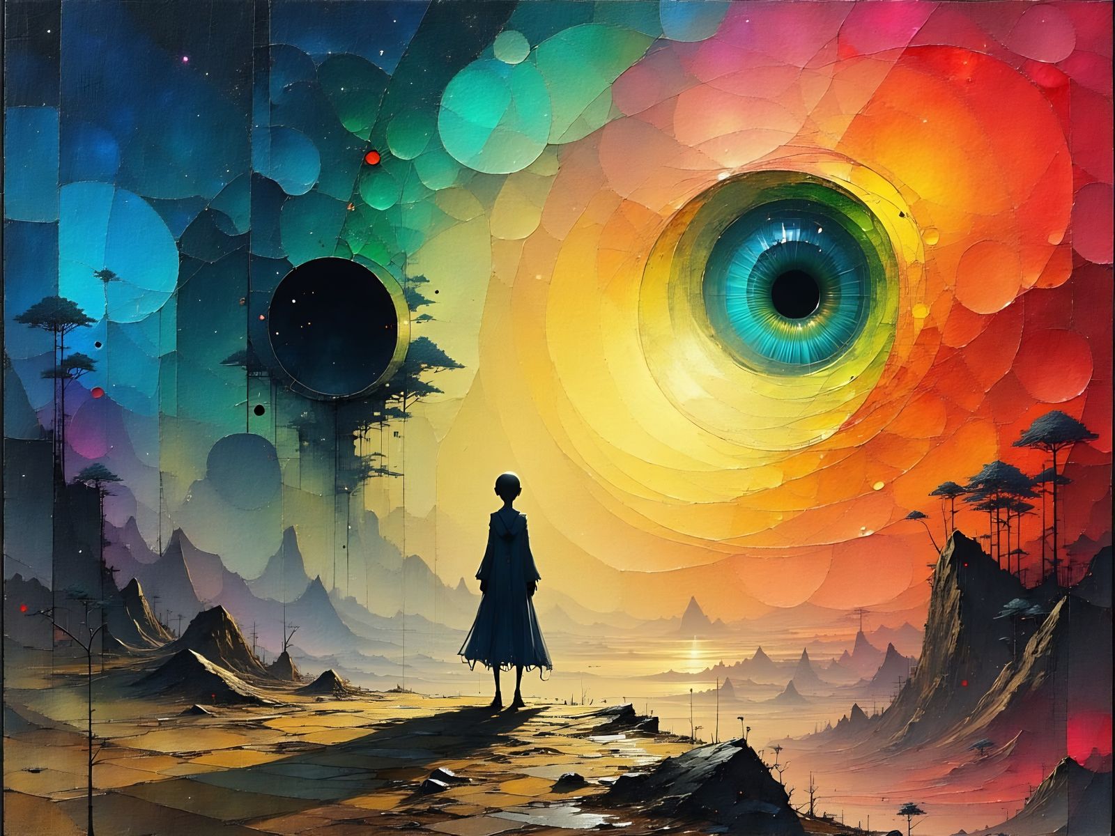 Biomorphic Cyborg Views Cosmic Vortex in Abstract Surreal St...