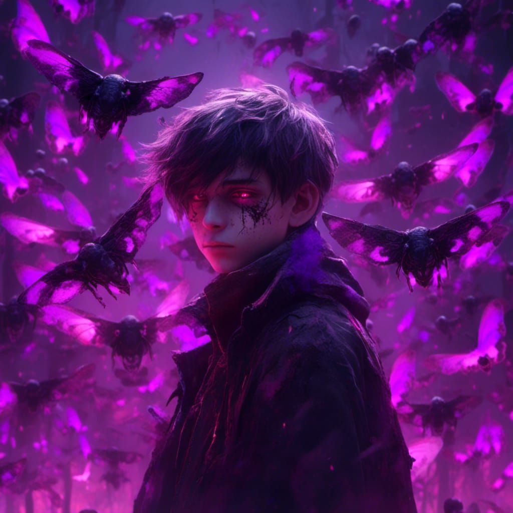 moody anime boy with glowing purple background that has skulls and moths in  it, in a 9:16 format <lora:Macabre:1.0> - AI Generated Artwork - NightCafe  Creator