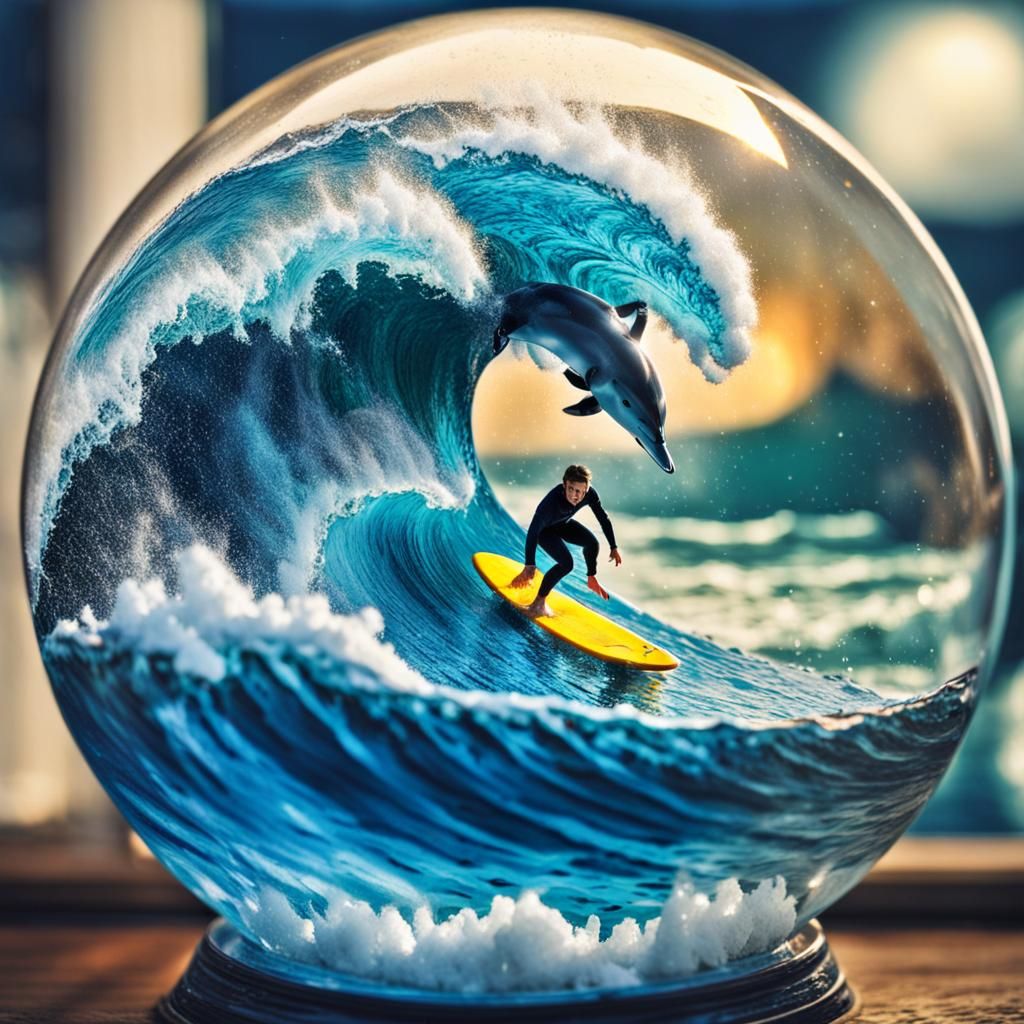 A snow globe with a surfer riding a huge wave inside the glo...