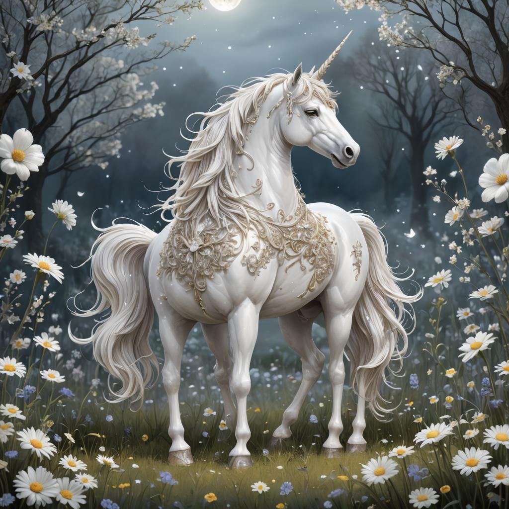 A mystical unicorn standing in a meadow bathed in moonlight....