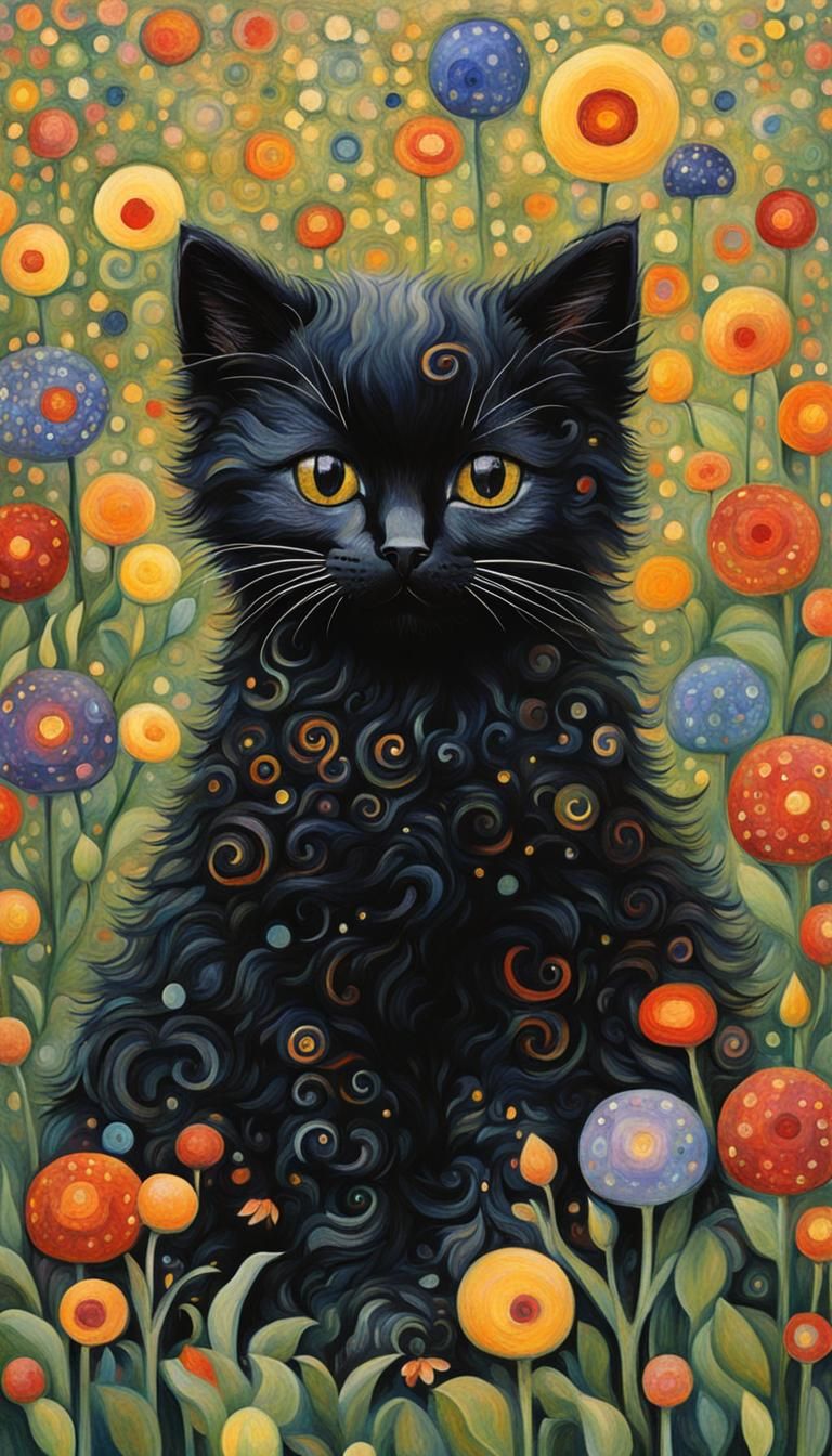 black klimt kitten Cat sitting in a garden in the style of k...